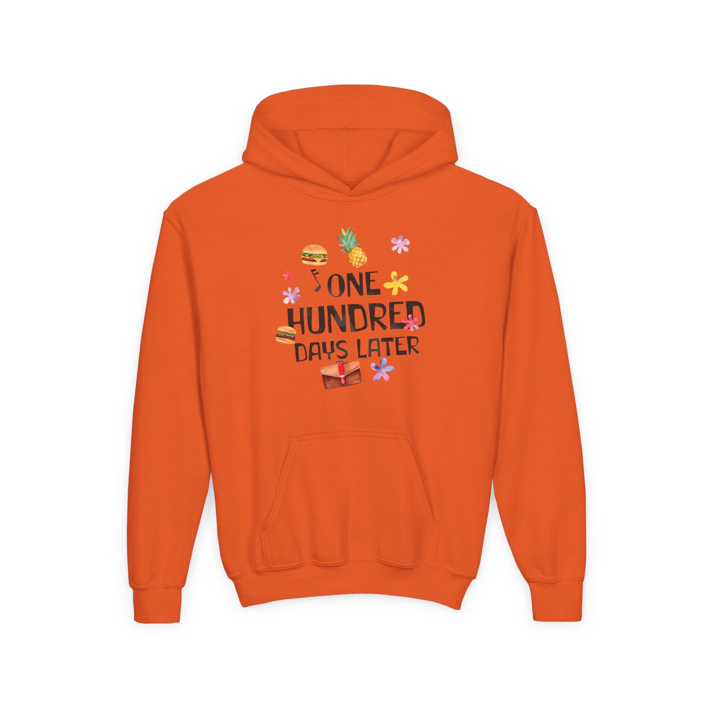 One Hundred Days Later Youth Hoodie, Fun Sweater for Kids, Cozy Gift for Birthdays, Celebrations, and Comfy Days Orange