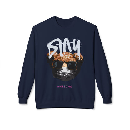 Stay Awesome Fleece Crewneck Sweatshirt for Cozy Vibes, Perfect Gift for Friends, Cute Casual Wear, Fun Retro Style, Ideal for Cold Days Navy