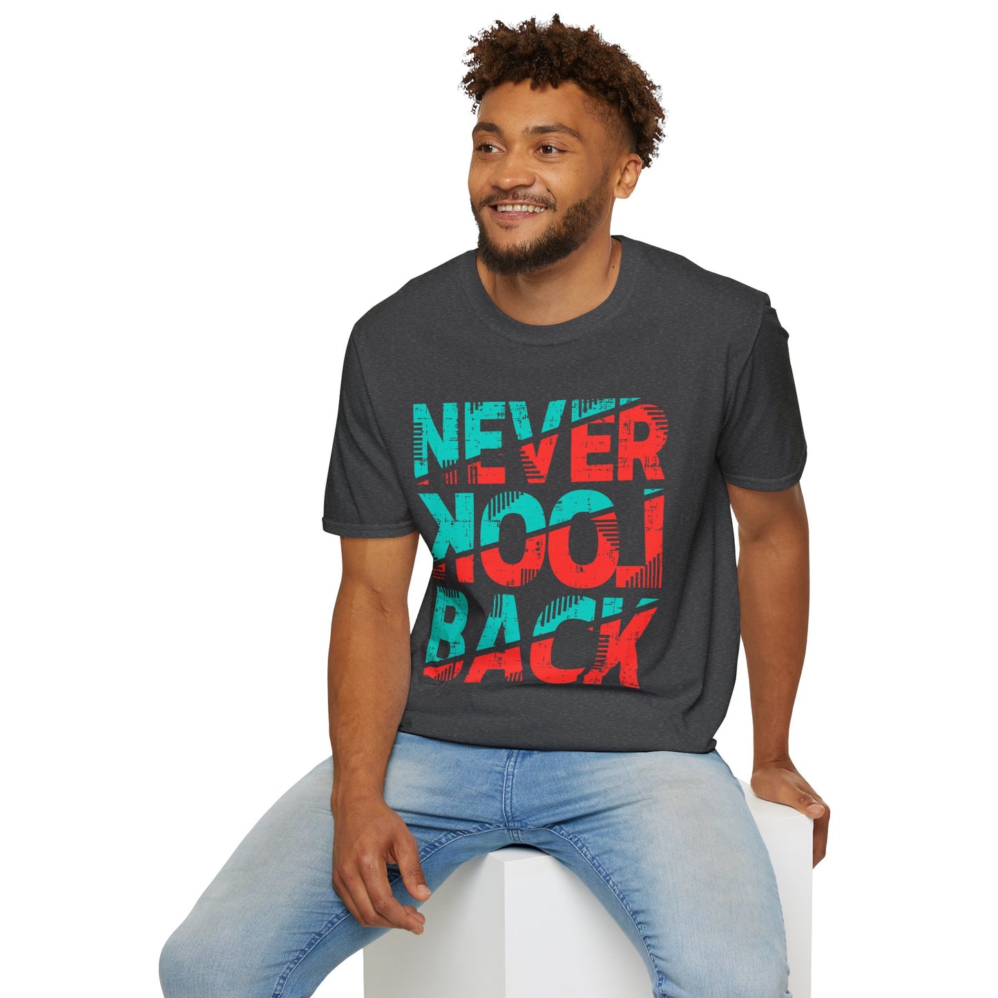 Unisex Softstyle T-Shirt with 'Never Look Back' Design - Motivational Graphic Tee for Daily Wear, Gifts, Casual Outings, Street Style