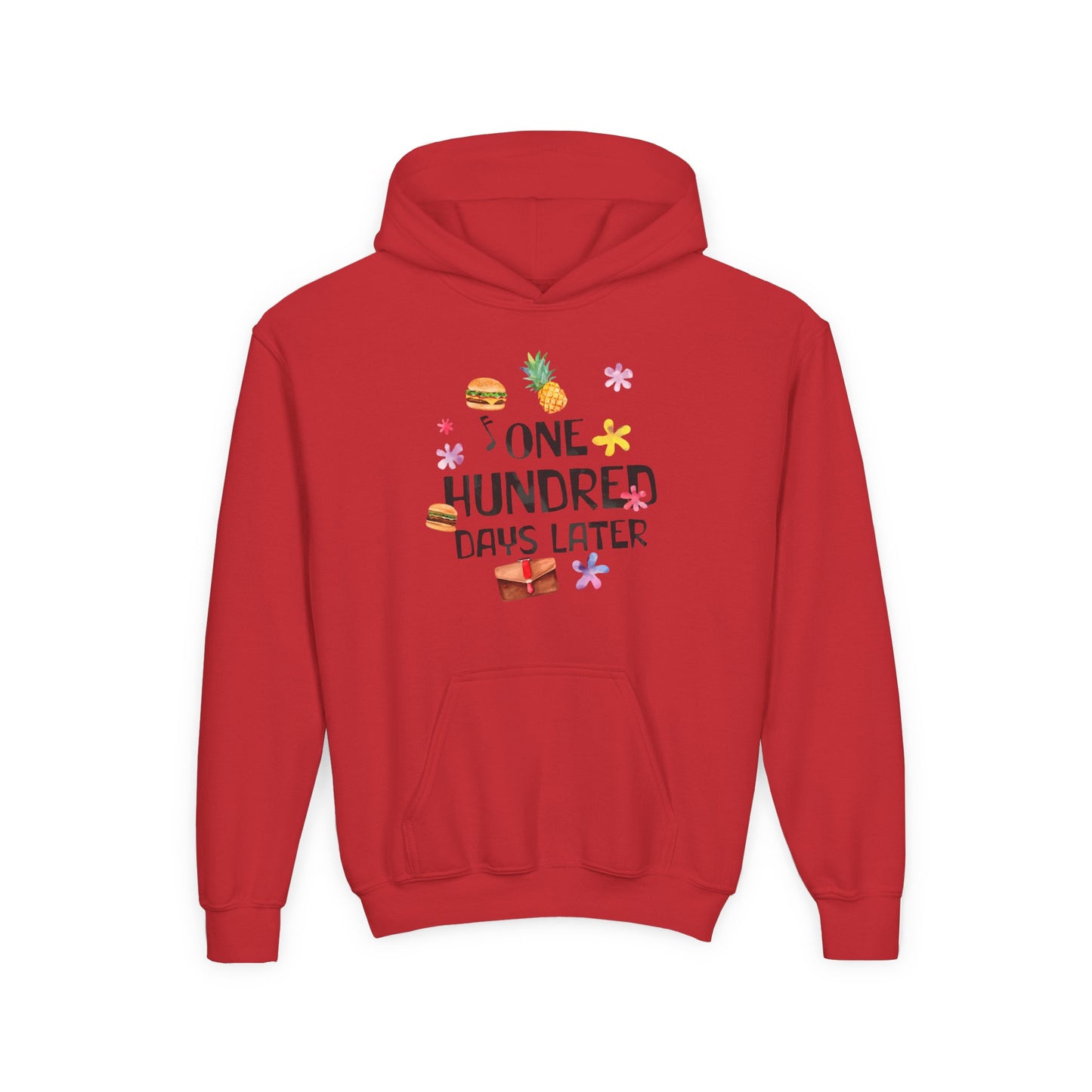 One Hundred Days Later Youth Hoodie, Fun Sweater for Kids, Cozy Gift for Birthdays, Celebrations, and Comfy Days Red