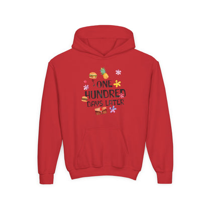 One Hundred Days Later Youth Hoodie, Fun Sweater for Kids, Cozy Gift for Birthdays, Celebrations, and Comfy Days Red