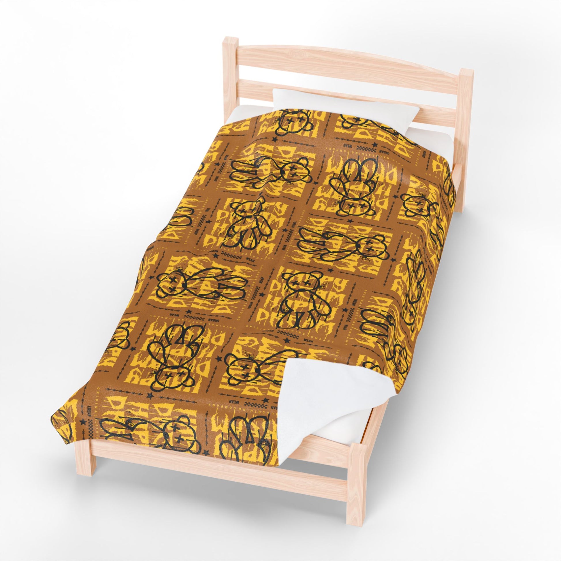 "Happy Dream" Abstract Art Velveteen Plush Blanket – Soft Brown Throw with Teddy Bear – Urban Graffiti Style Home Decor