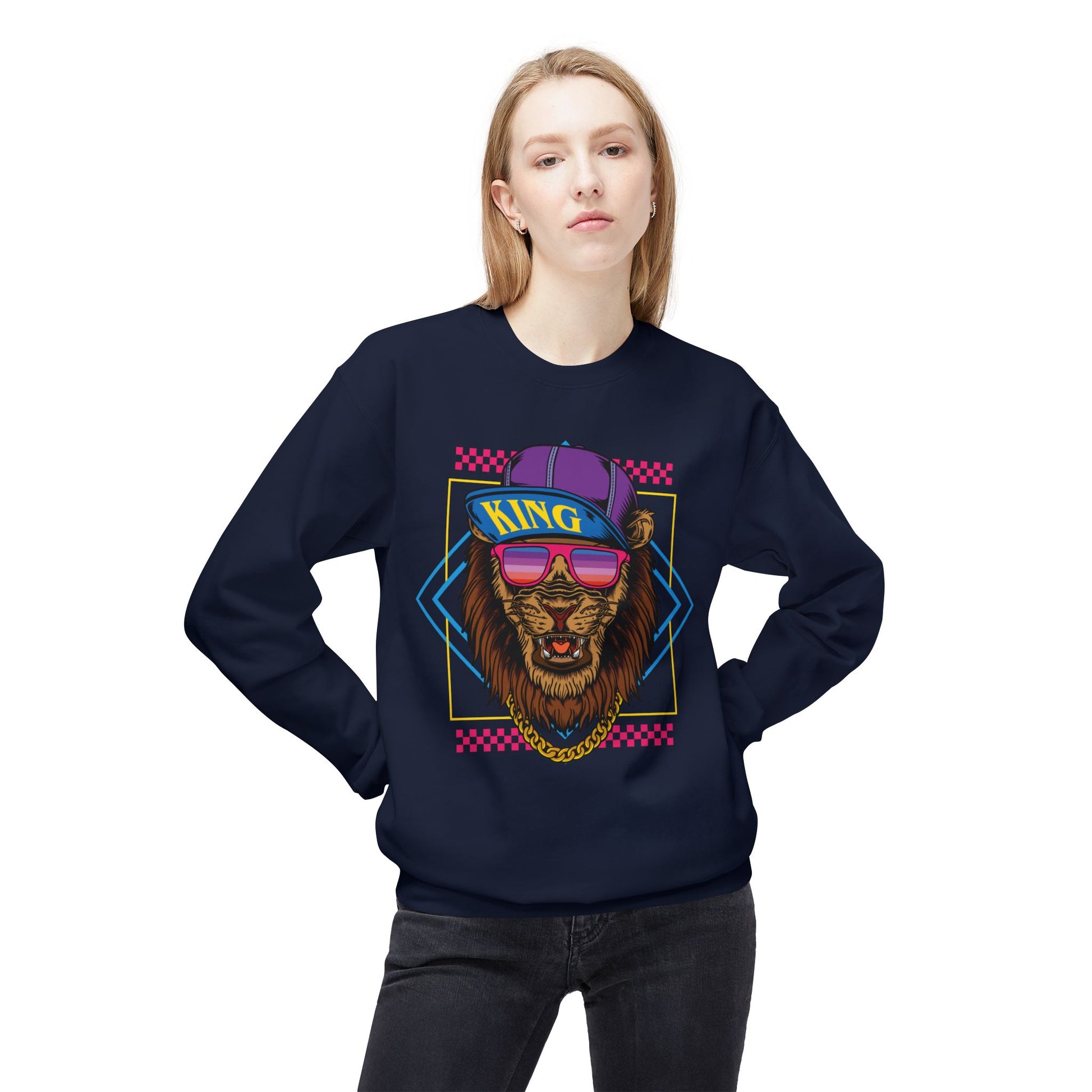 King Lion Graphic Crewneck Sweatshirt, Cozy Streetwear, Unisex Gift, Funny Animal Sweatshirt, Retro Style Apparel, Perfect for Any Occasion