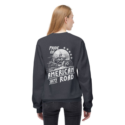 Pride of American Road Crewneck Sweatshirt, Cozy Unisex Fleece Top, Ideal Gift for Bikers, Road Trip Apparel, 1973 Vintage Style