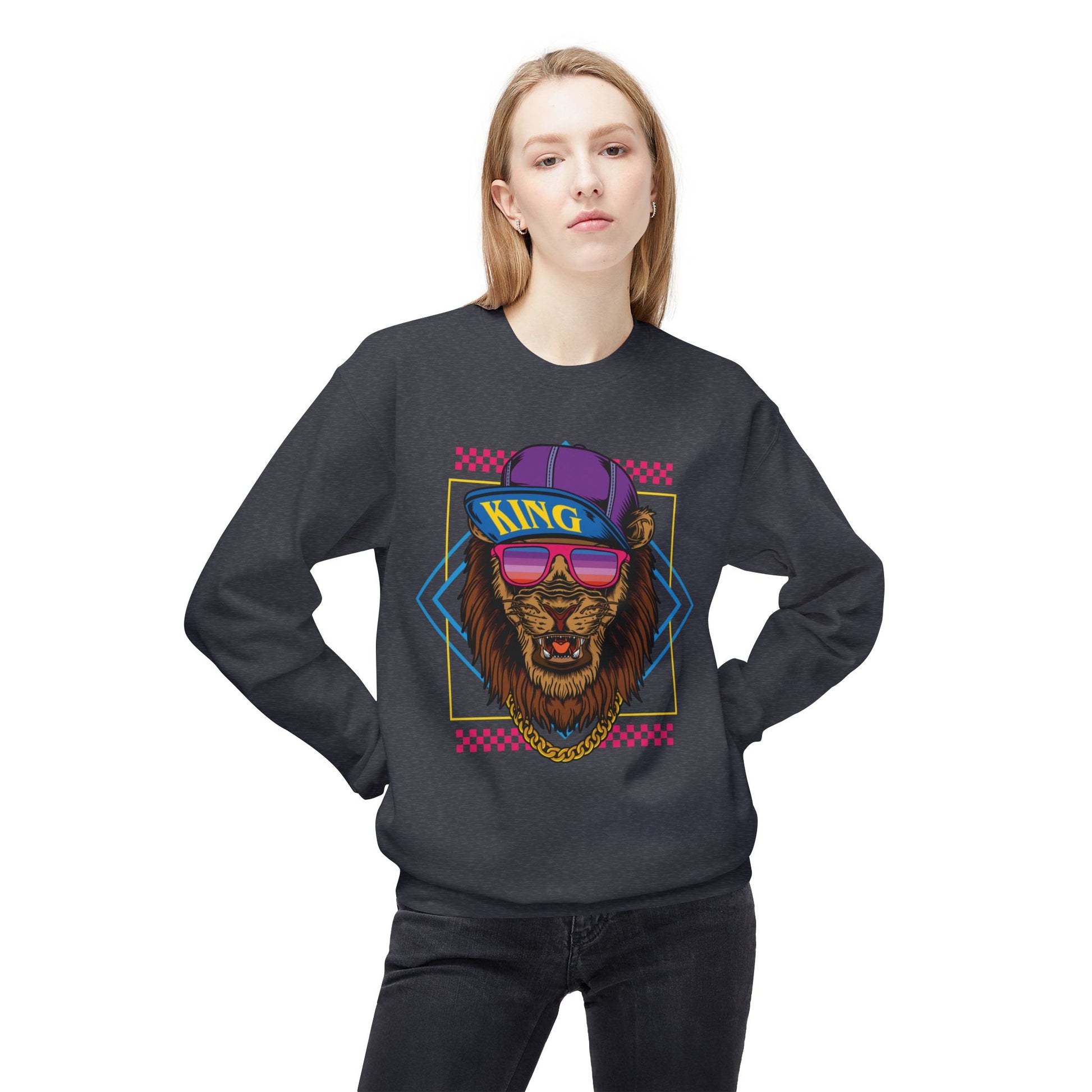 King Lion Graphic Crewneck Sweatshirt, Cozy Streetwear, Unisex Gift, Funny Animal Sweatshirt, Retro Style Apparel, Perfect for Any Occasion