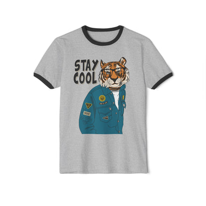 Stay Cool Tiger Ringer T-Shirt, Unisex Vintage Tee, Casual Gift, Animal Lover Apparel, Summer Fashion, Fun Graphic Shirt Heather Grey Black