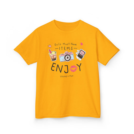 Kids Enjoy Fun Tee, Playful Kid's Shirt, Summer T-Shirt, Birthday Gift, Casual Wear, Photography Themed Tee Gold