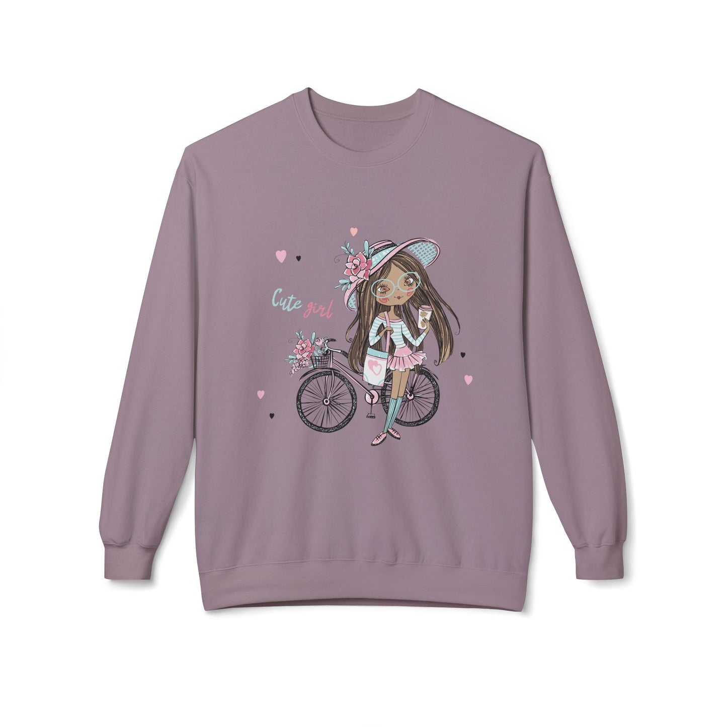 Cute Girl on Bicycle Sweatshirt, Cozy Fleece Crewneck, Spring Fashion, Gift for Her, Casual Sweatshirt, Cartoon Design Paragon