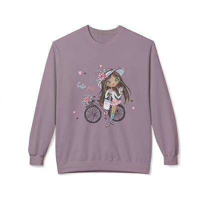 Cute Girl on Bicycle Sweatshirt, Cozy Fleece Crewneck, Spring Fashion, Gift for Her, Casual Sweatshirt, Cartoon Design Paragon