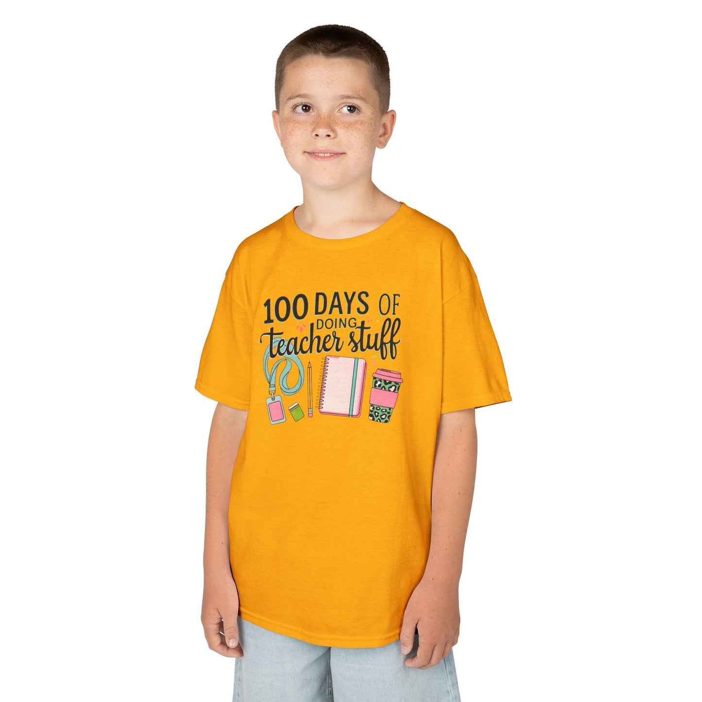 Teacher Appreciation Kids Tee, 100 Days of Teacher Stuff Shirt, School Spirit Tee, Gift for Future Educators, Kids' Classroom Apparel Gold