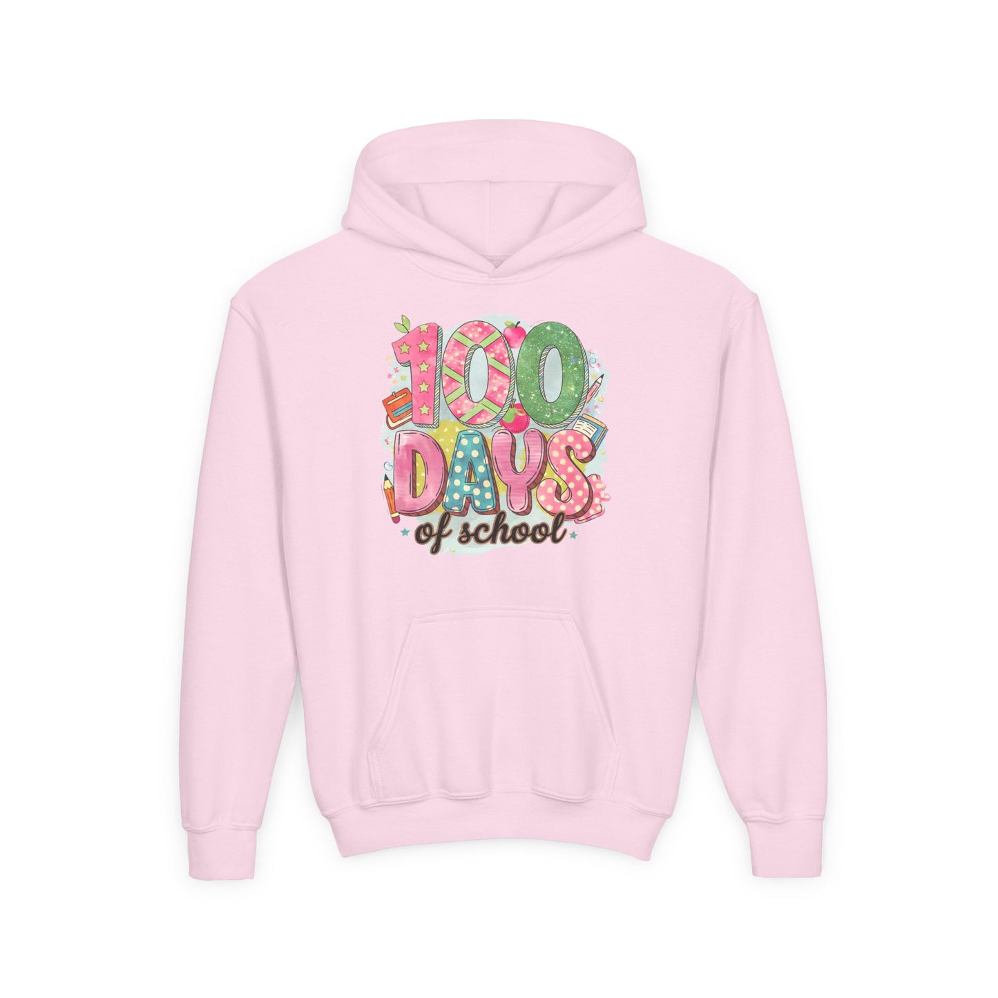Youth 100 Days of School Hoodie, Fun School Spirit Wear, Kids Sweatshirt for Celebrations, Great for Classroom Parties, Cute Gift Idea Light Pink