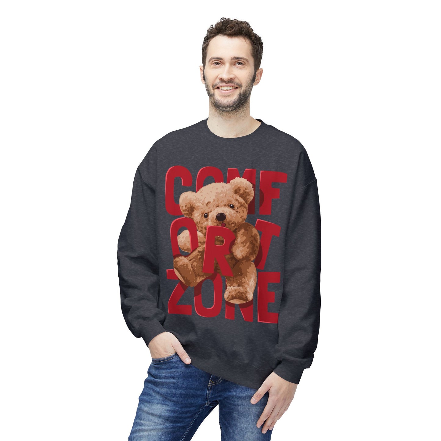 Comfort Zone Teddy Bear Crewneck Sweatshirt, Cozy Black Sweatshirt, Unisex Gift, Cute Sweatshirt for Winter, Relaxation Apparel