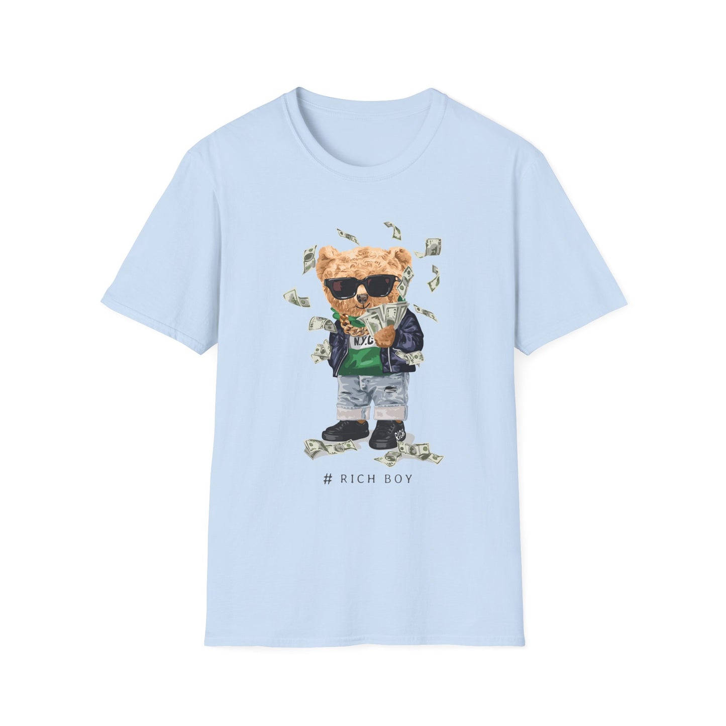 Rich Boy Graphic T-Shirt | Unisex Softstyle Tee | Cute Bear Design | Casual Wear | Gift for Kids | Birthday & Holiday Light Blue
