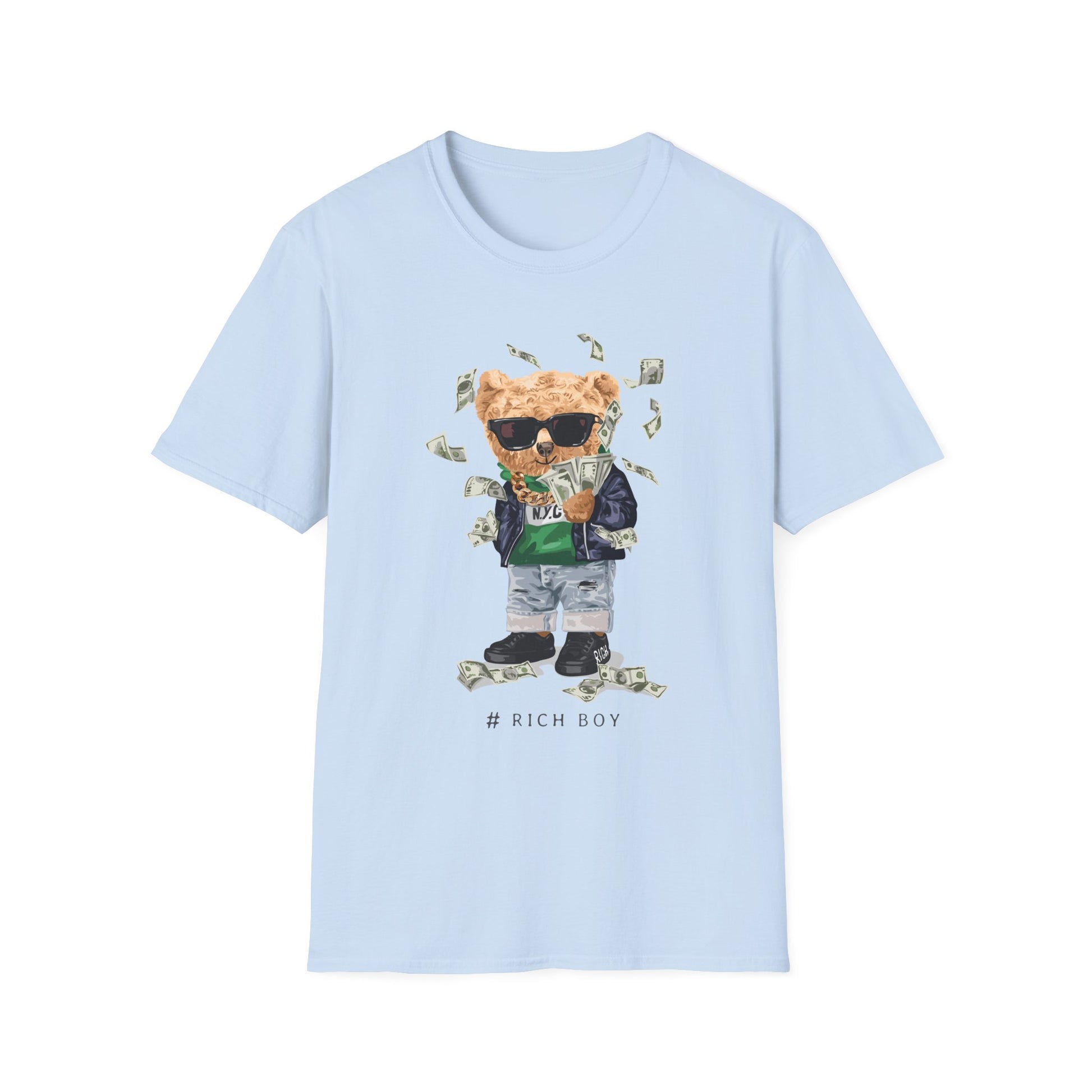 Rich Boy Graphic T-Shirt | Unisex Softstyle Tee | Cute Bear Design | Casual Wear | Gift for Kids | Birthday & Holiday Light Blue
