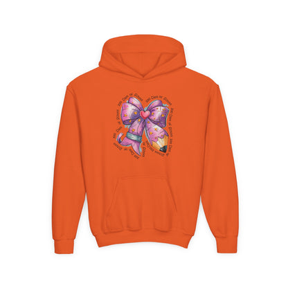 Heartfelt Bow Youth Hoodie - Cute Gift for Kids, Stylish Sweatshirt for Birthday, Back to School, Holiday, Everyday Wear Orange