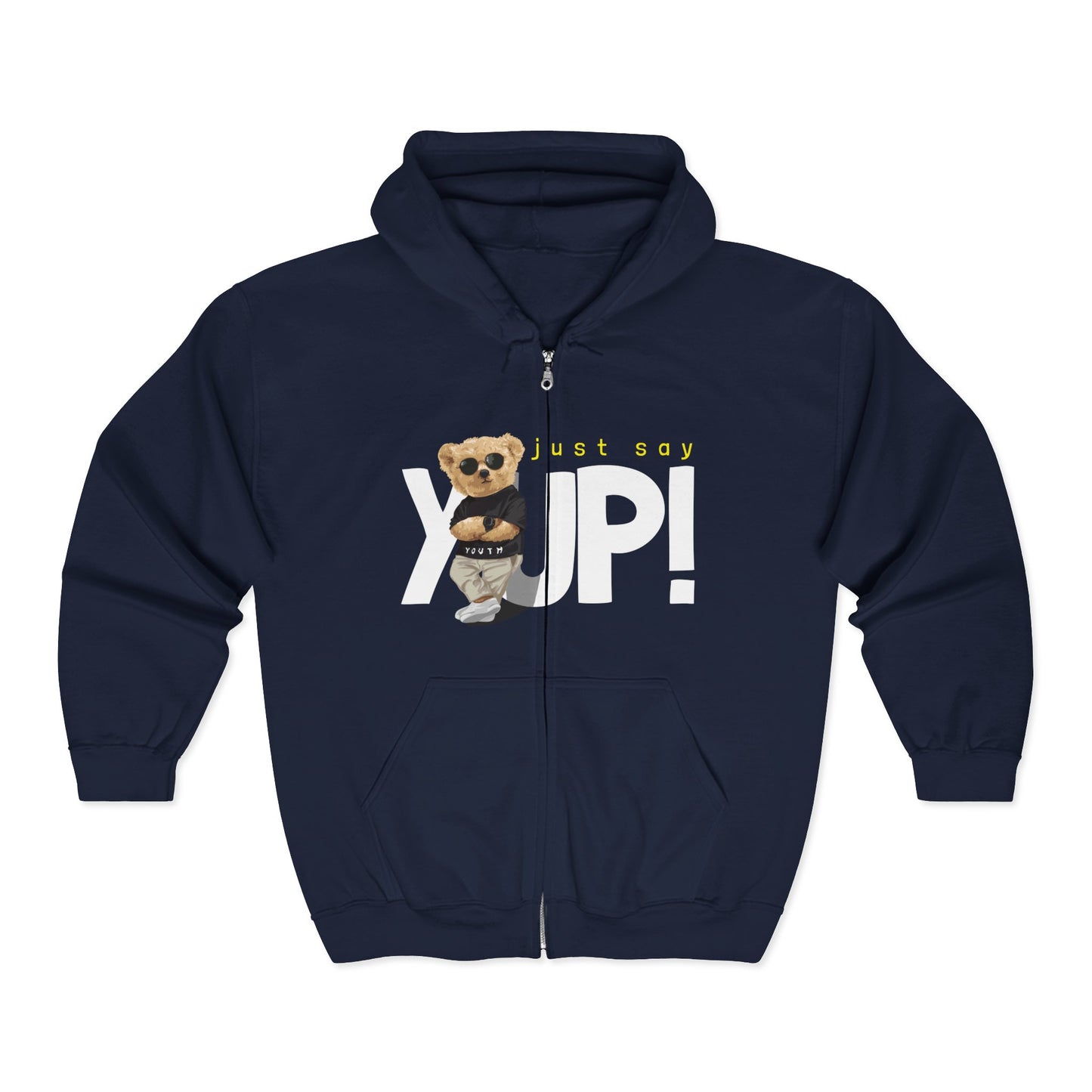 Unisex Heavy Blend Full Zip Hoodie with Cute Bear Design, Just Say Yup! Navy