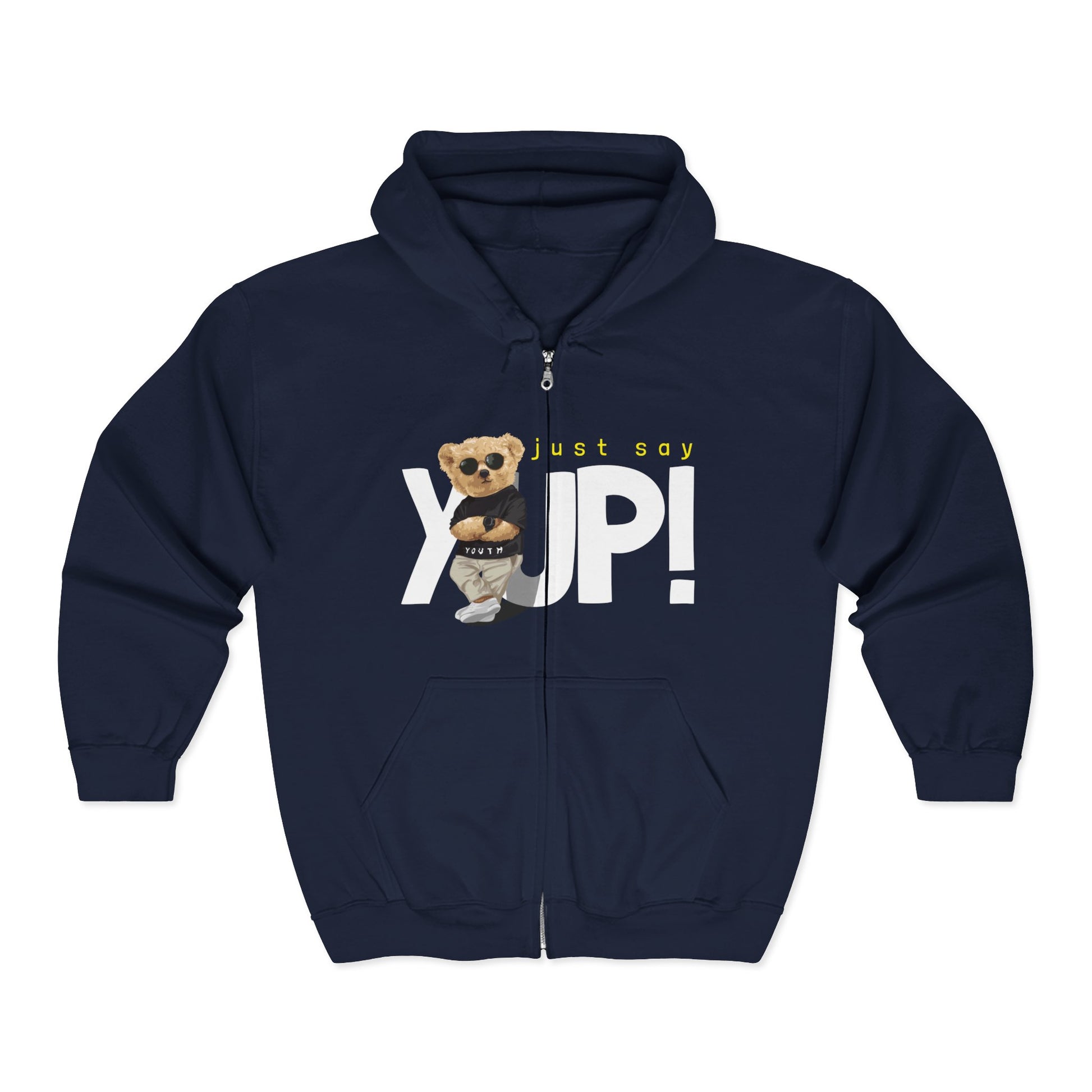 Unisex Heavy Blend Full Zip Hoodie with Cute Bear Design, Just Say Yup! Navy