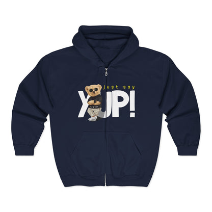 Unisex Heavy Blend Full Zip Hoodie with Cute Bear Design, Just Say Yup! Navy