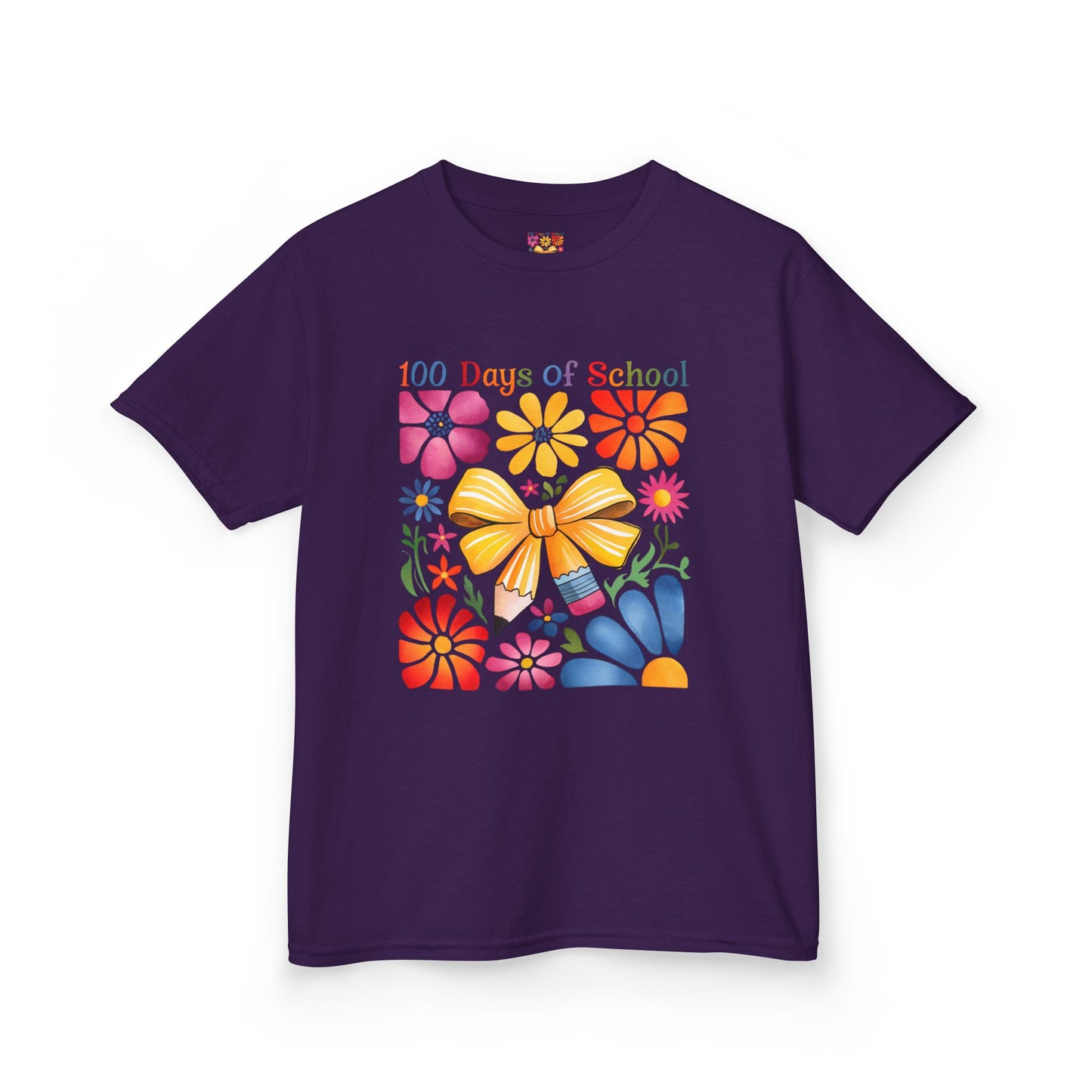 Colorful 100 Days of School Kids Tee, Flower Print T-Shirt for Students, End of Year Celebration Shirt, Fun School Day Wear, Gift for Kids Purple