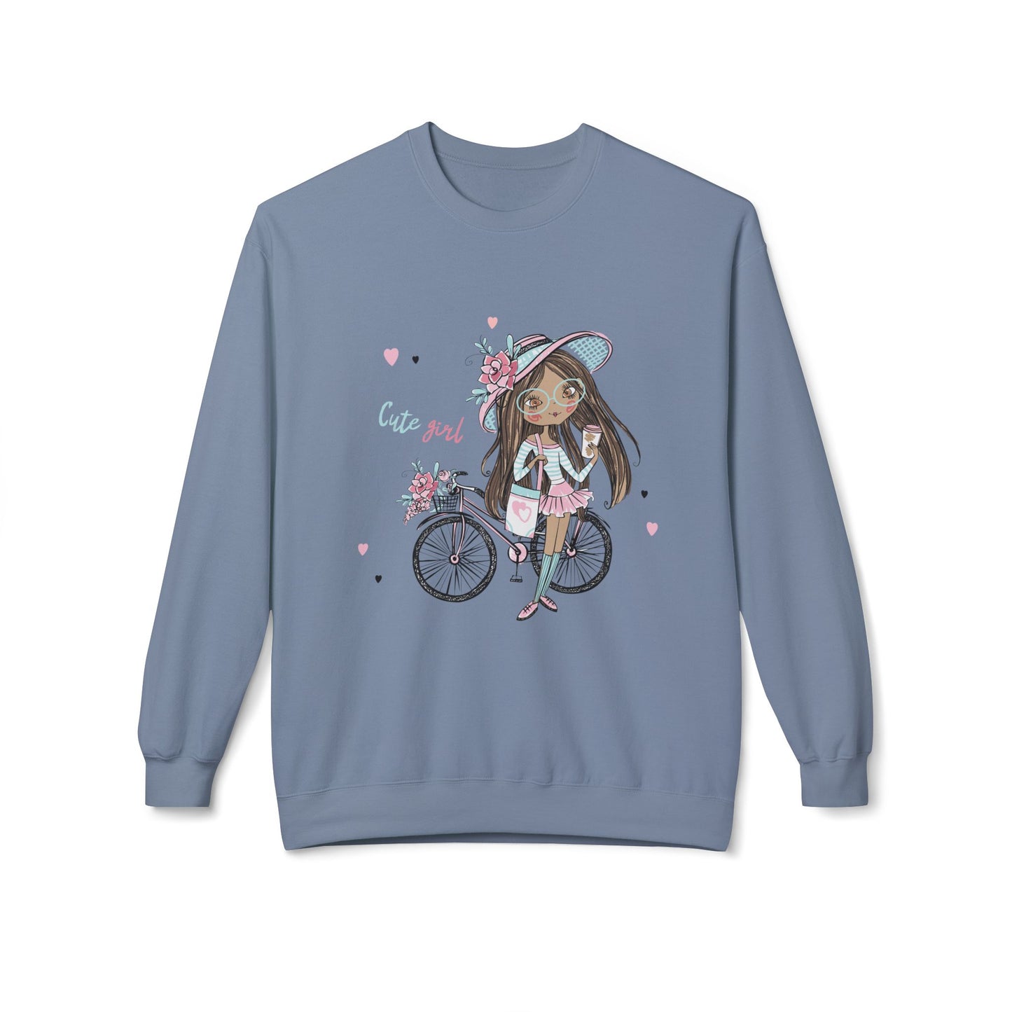 Cute Girl on Bicycle Sweatshirt, Cozy Fleece Crewneck, Spring Fashion, Gift for Her, Casual Sweatshirt, Cartoon Design Stone Blue