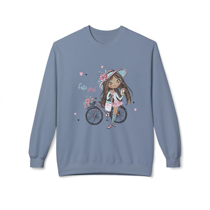 Cute Girl on Bicycle Sweatshirt, Cozy Fleece Crewneck, Spring Fashion, Gift for Her, Casual Sweatshirt, Cartoon Design Stone Blue