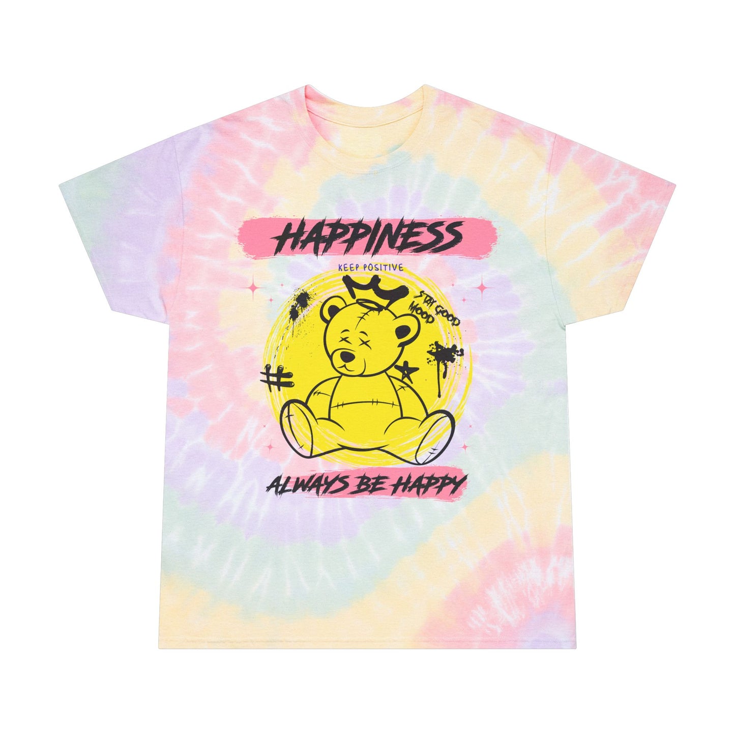 Unisex "Happiness" Tie Dye T-Shirt – Feel-Good Streetwear Graphic Tee with Teddy Bear & Positive Quote – Soft Cotton