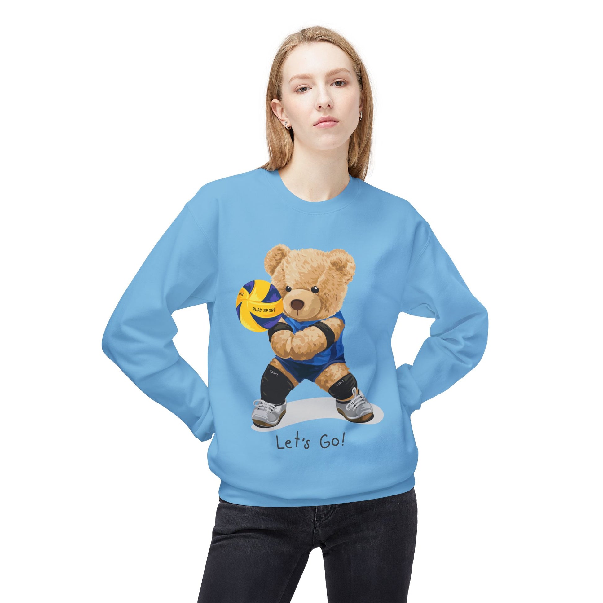 Cheerful Volleyball Bear Crewneck Sweatshirt, Cozy Fleece Top, Cute Sports Apparel, Unisex Gift for Athletes, Casual Wear, Let's Go!