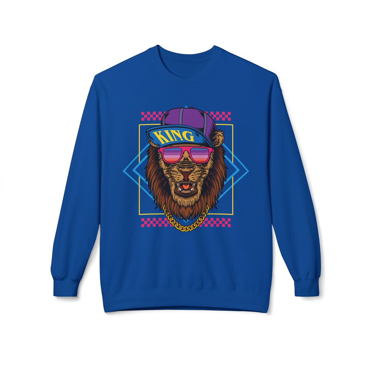 King Lion Graphic Crewneck Sweatshirt, Cozy Streetwear, Unisex Gift, Funny Animal Sweatshirt, Retro Style Apparel, Perfect for Any Occasion Royal