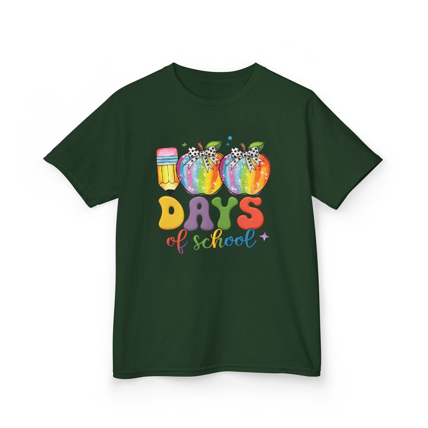 Colorful 100 Days of School Kids Tee, Fun T-Shirt, Back to School, Teacher Gift, Rainbow Design, Kid's Clothing Forest Green
