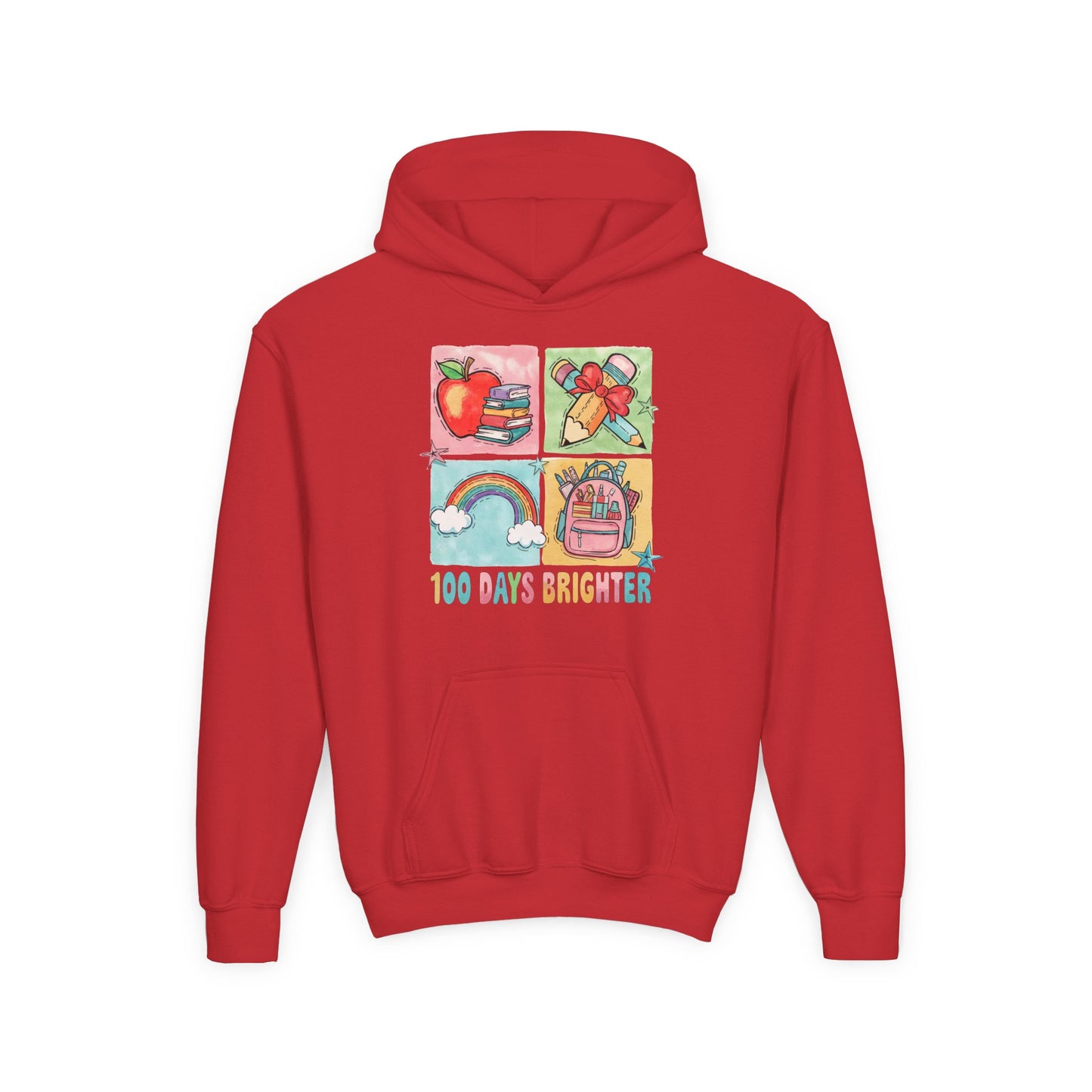 Youth Hoodie with Colorful Design – Perfect for Kids, Back to School, Gifts, Everyday Wear, Fun Celebrations, 100 Days Brighter Red