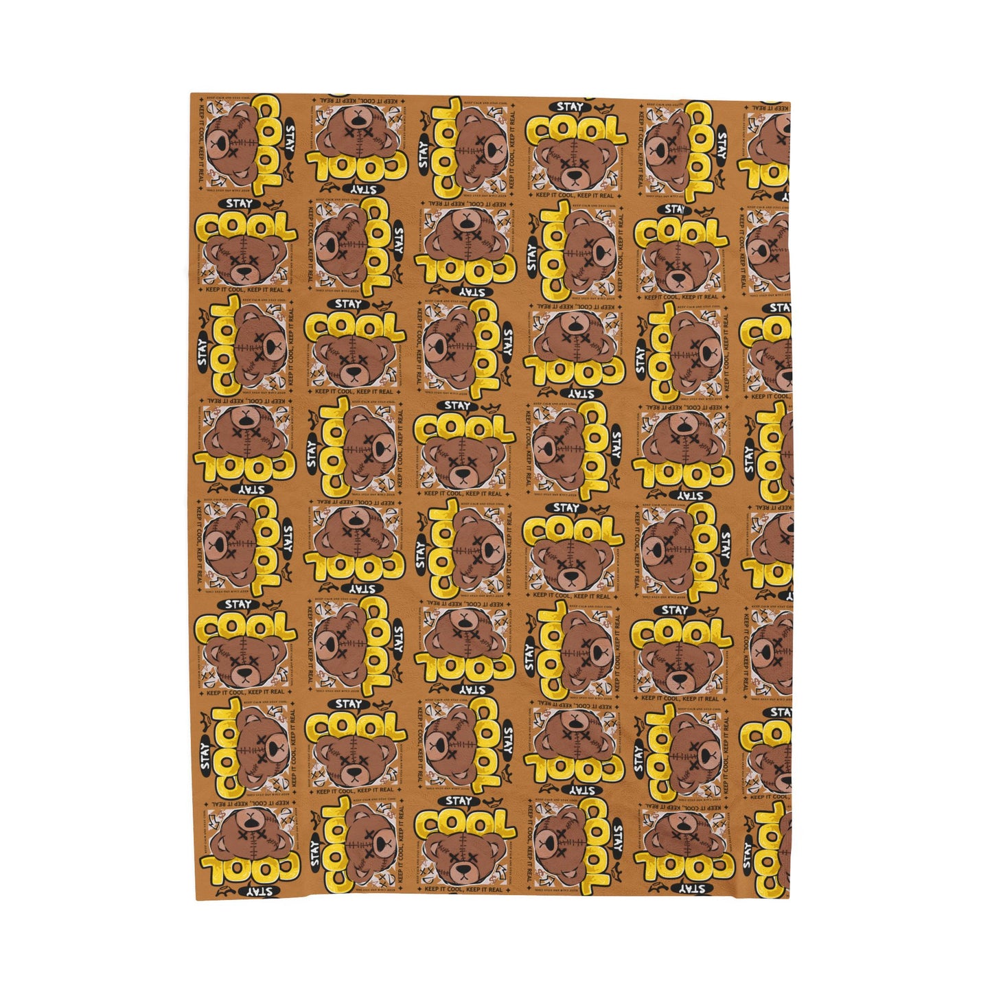 "Stay Cool" Brown Bear Graphic Velveteen Plush Blanket – Soft Throw with "Keep It Real" Quote – Urban Streetwear Home Decor