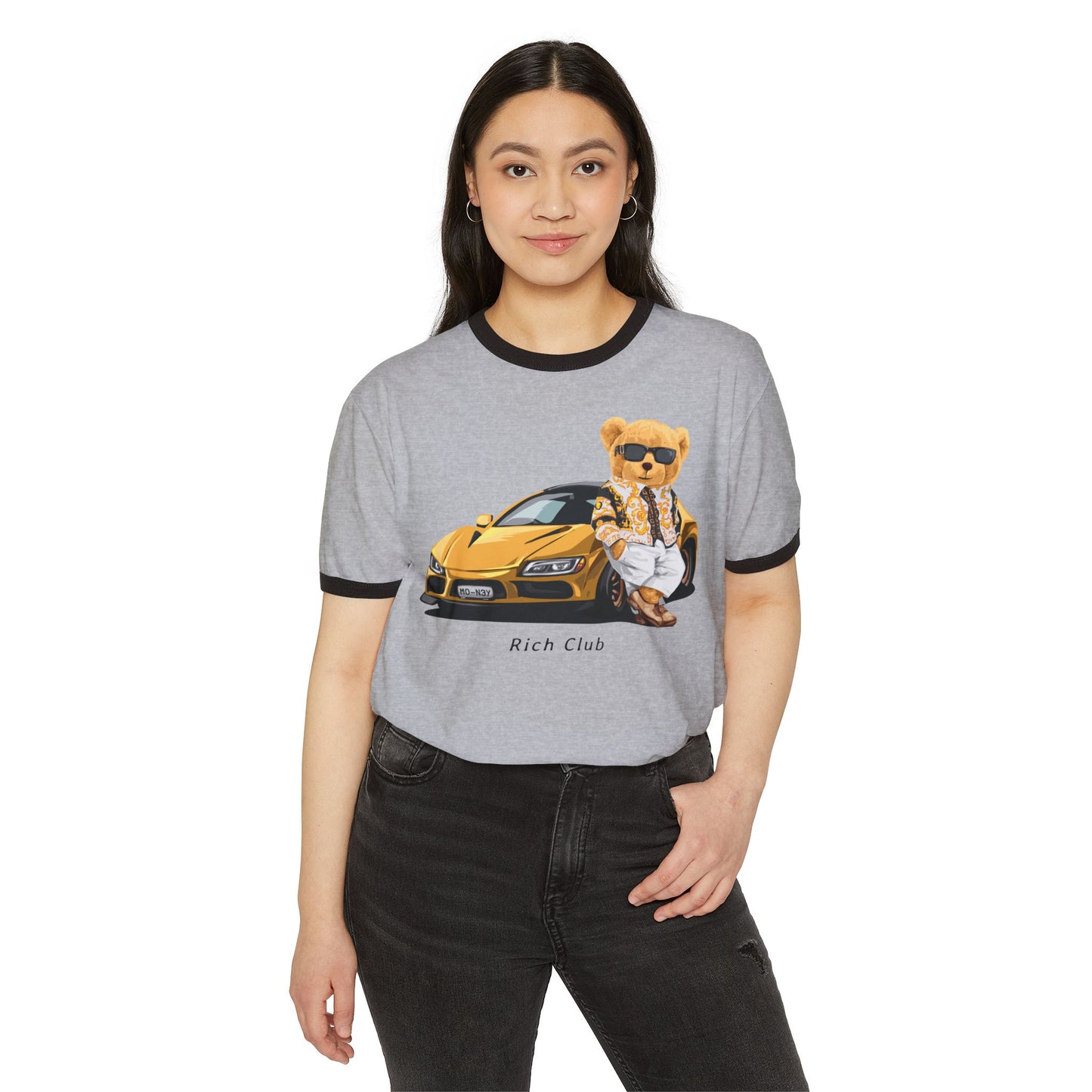 Rich Club Bear Unisex Cotton Ringer T-Shirt, Casual Wear, Streetwear, Gift for Car Lovers, Fun Graphic Tee