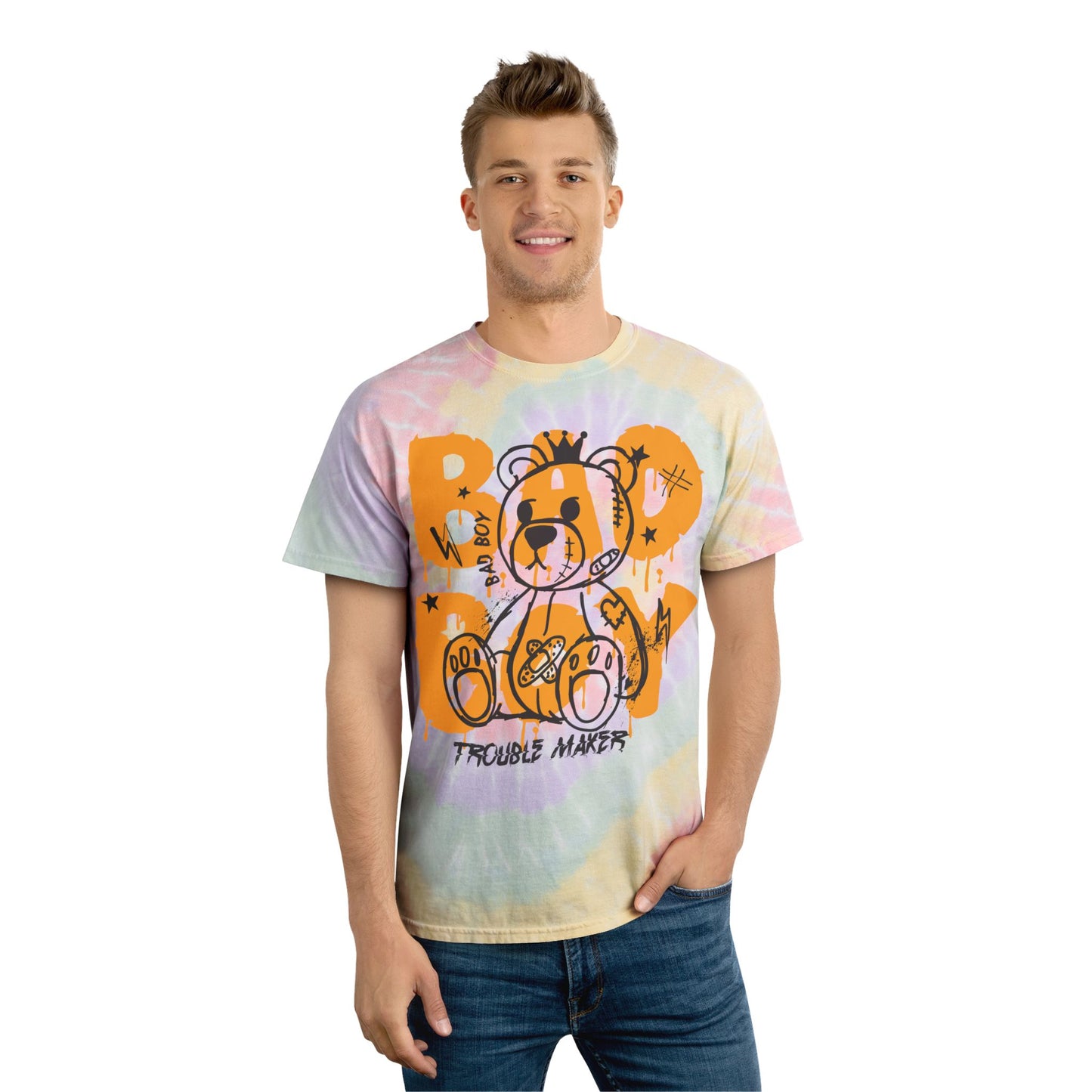 Unisex "Bad Boy" Tie Dye T-Shirt – Streetwear Graphic Tee with Trouble Maker Teddy Bear – Soft Cotton Rebel Style Hazy Rainbow