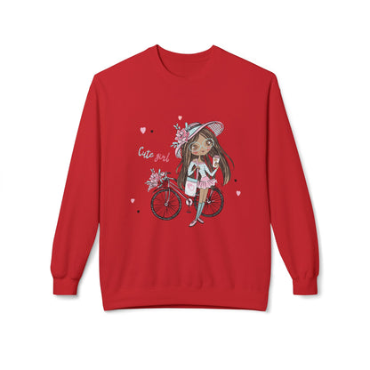Cute Girl on Bicycle Sweatshirt, Cozy Fleece Crewneck, Spring Fashion, Gift for Her, Casual Sweatshirt, Cartoon Design Red