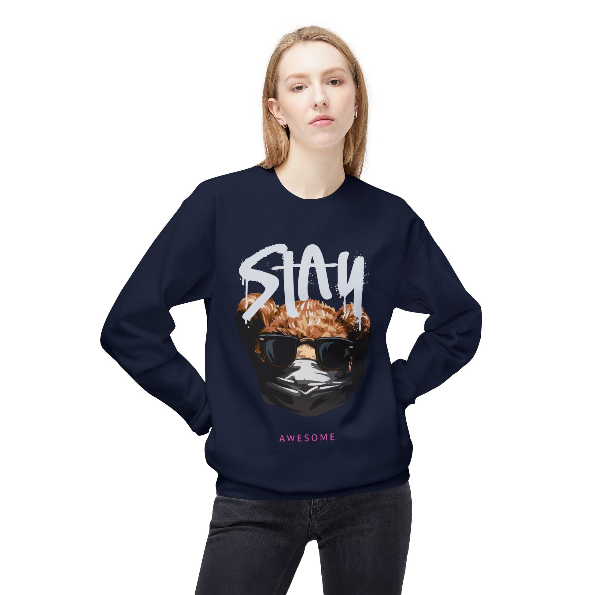 Stay Awesome Fleece Crewneck Sweatshirt for Cozy Vibes, Perfect Gift for Friends, Cute Casual Wear, Fun Retro Style, Ideal for Cold Days