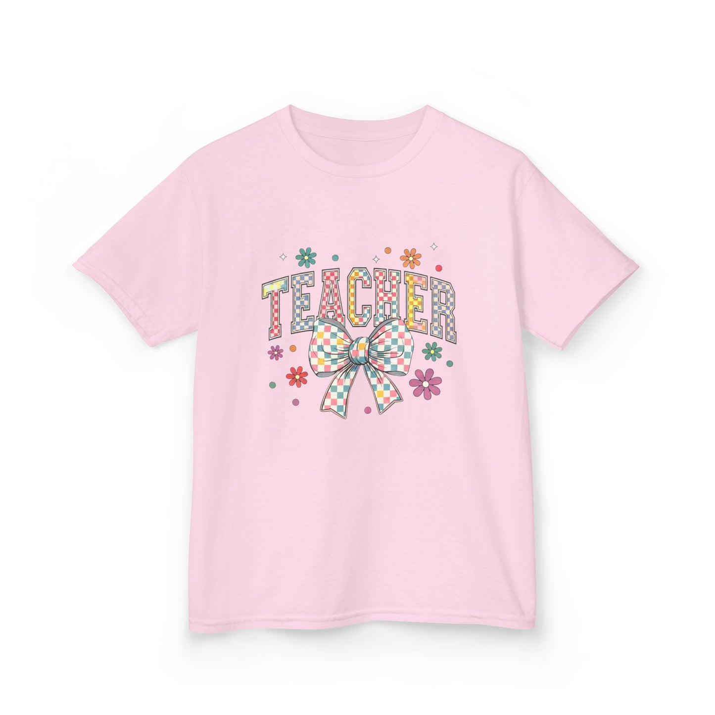 Teacher Kids Tee with Colorful Bow Design, Perfect for Back to School, Teacher Appreciation, Birthday Gift, Fun Classroom Wear Light Pink