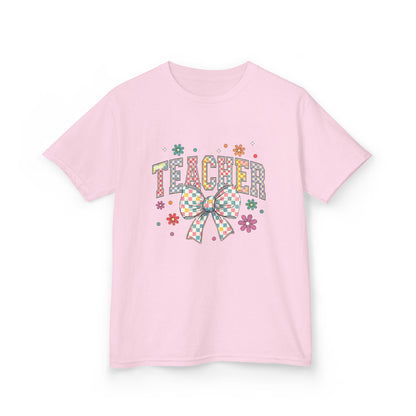 Teacher Kids Tee with Colorful Bow Design, Perfect for Back to School, Teacher Appreciation, Birthday Gift, Fun Classroom Wear Light Pink
