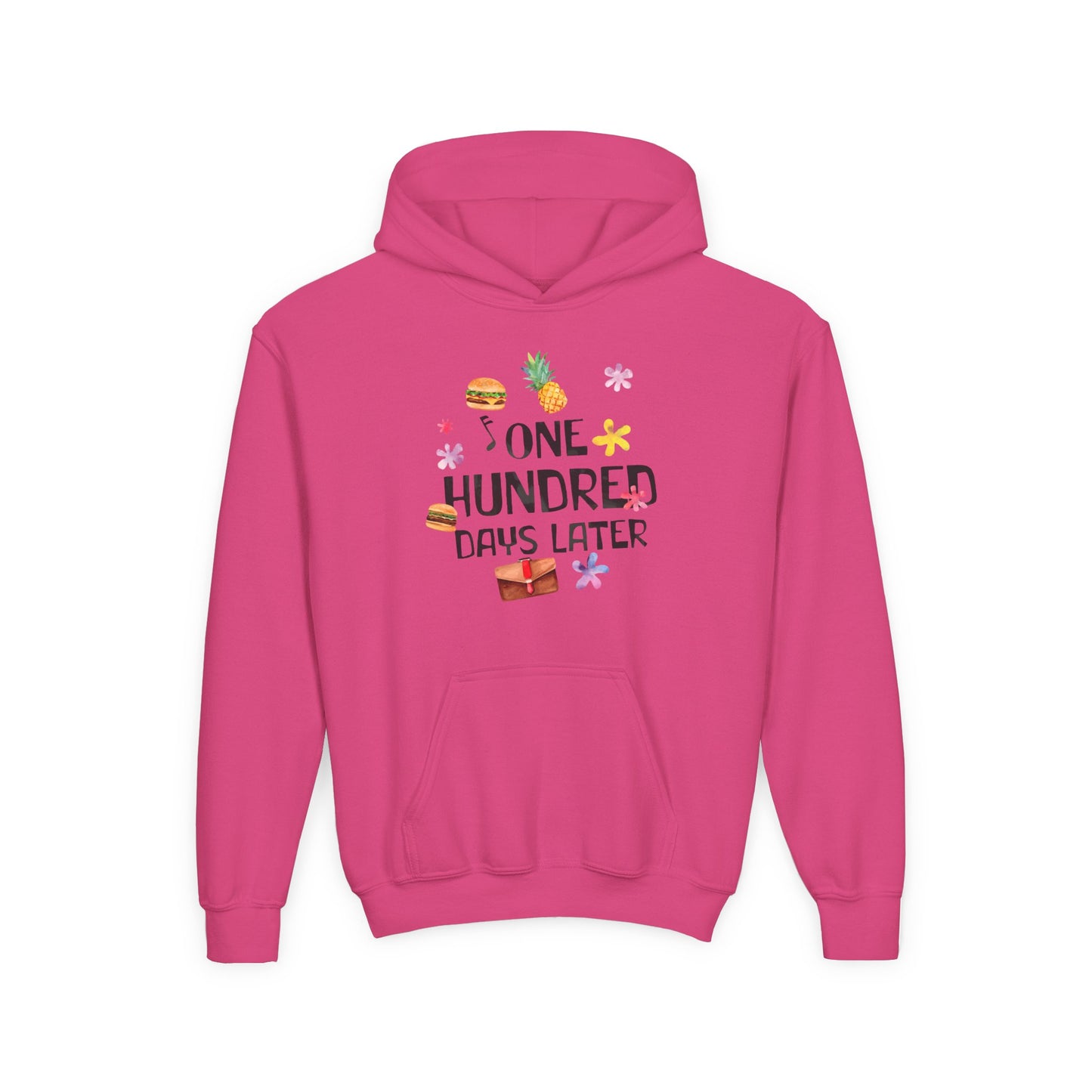 One Hundred Days Later Youth Hoodie, Fun Sweater for Kids, Cozy Gift for Birthdays, Celebrations, and Comfy Days Heliconia
