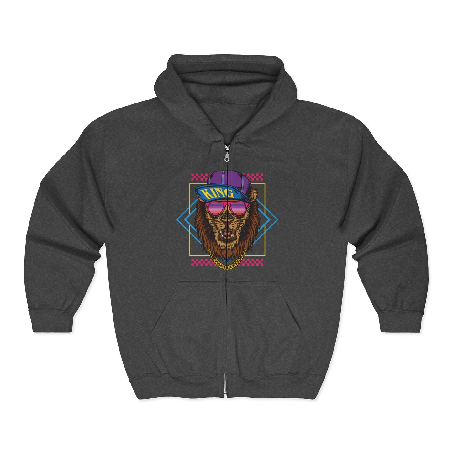 Retro Graphic Lion Full Zip Hoodie | Vintage Animal Sweatshirt, Cool Hooded Sweatshirt, Gift for Animal Lovers, Unisex Apparel Dark Heather