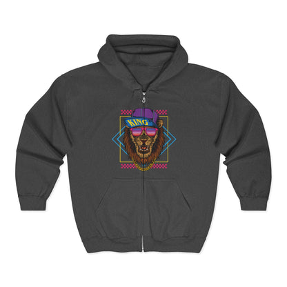 Retro Graphic Lion Full Zip Hoodie | Vintage Animal Sweatshirt, Cool Hooded Sweatshirt, Gift for Animal Lovers, Unisex Apparel Dark Heather