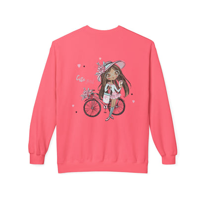 Cute Girl on Bicycle Sweatshirt, Cozy Fleece Crewneck, Spring Fashion, Gift for Her, Casual Sweatshirt, Cartoon Design