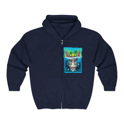 Funny Donkey Island Head Hoodie | Soft & Comfy Tropical Zip-Up Navy
