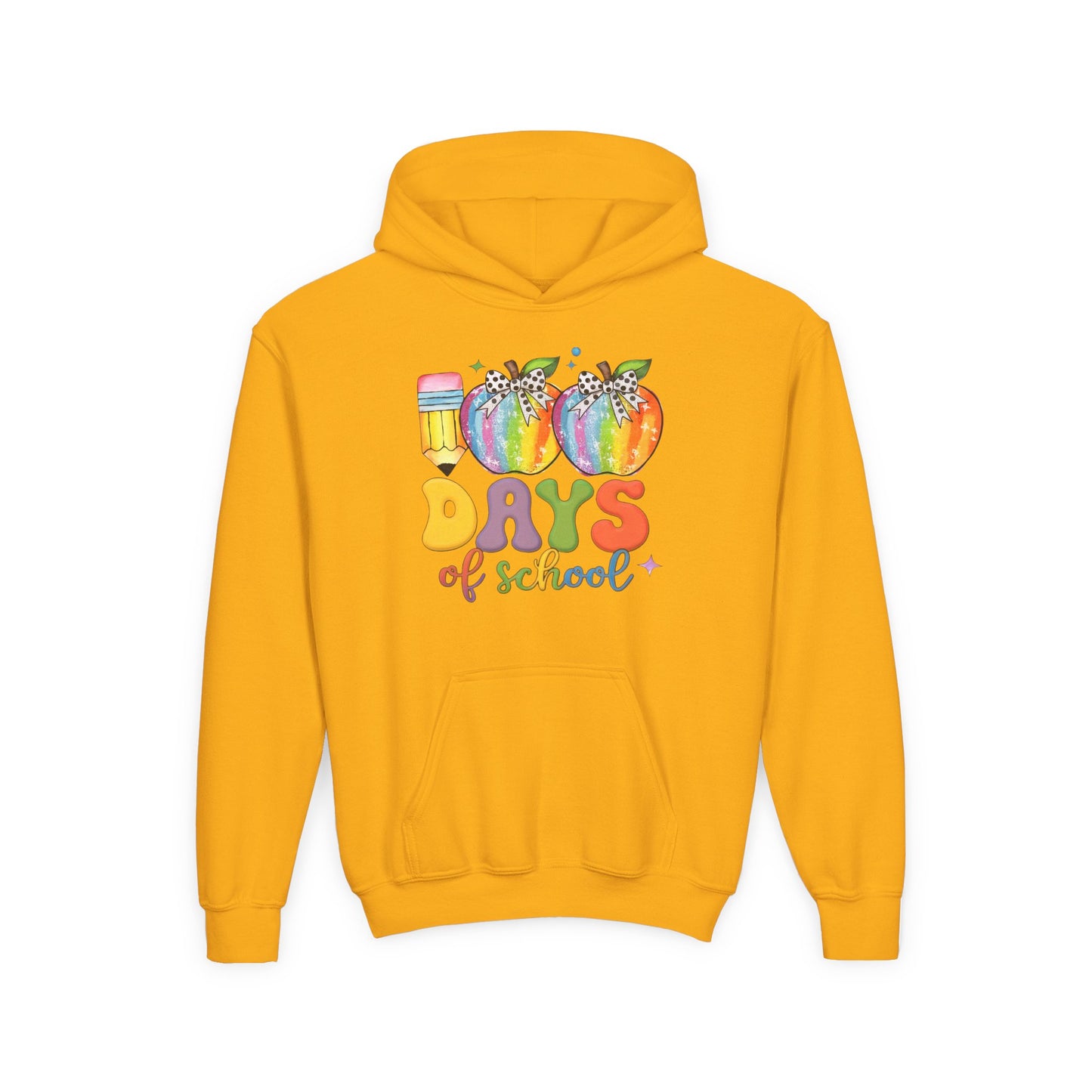 Colorful 100 Days of School Hoodie for Kids, Fun Sweatshirt for Students, Back to School Gift, Rainbow Apple Design, Classroom Gold