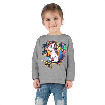 Skateboarding Unicorn Toddler Long Sleeve Tee, Cute Kids Shirt, Unicorn Lover Gift, Playful Toddler Outfit, Birthday Gift