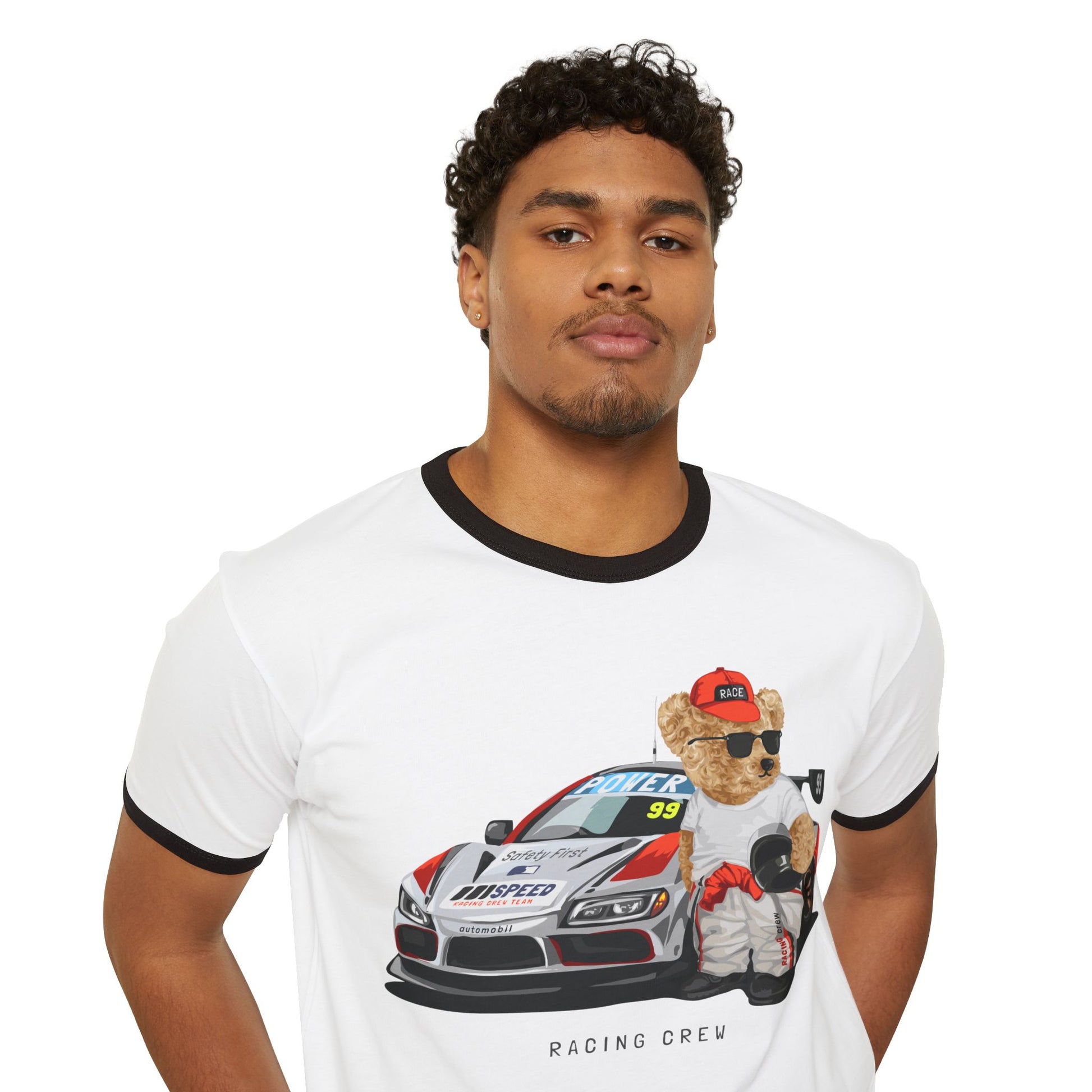 Racing Bear Unisex Cotton Ringer T-Shirt - Funny, Casual Wear, Gift for Car Lovers, Birthday Gift, Motorsport Apparel