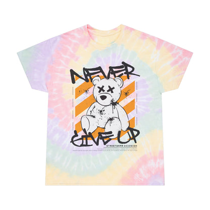 Unisex "Never Give Up" Tie Dye T-Shirt – Motivational Streetwear Graphic Tee with Teddy Bear & Inspirational Quote