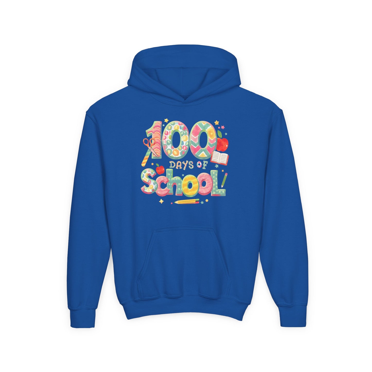 100 Days of School Youth Hoodie, Colorful School Spirit Sweatshirt, Kids Celebration Hoodie, Perfect for School Events, Fun Memory Gear Royal