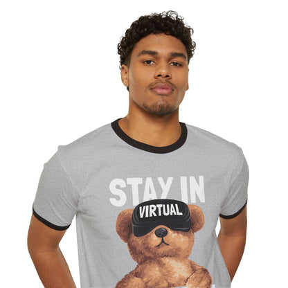 Unisex Virtual Reality Ringer T-Shirt - Stay in Reality, Cute Bear Graphic Tee for Casual Wear, Perfect Gift for Gamers, Birthday