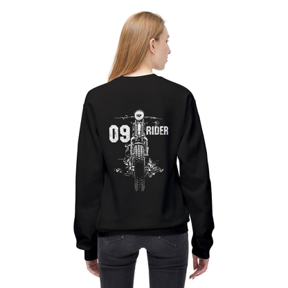 Retro Unisex Fleece Crew Sweatshirt - 09 Rider Design, Cozy Apparel, Gift for Bikers, Streetwear, Festival Wear, Everyday Comfort Black