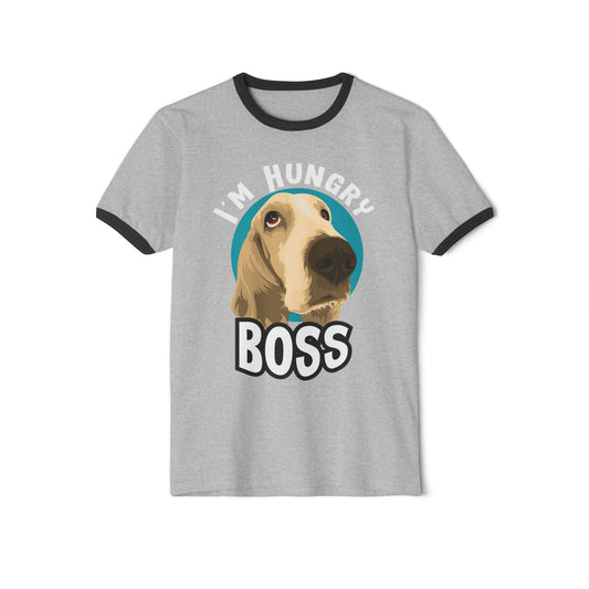 Hungry Boss Dog Ringer T-Shirt, Funny Pet Tee, Unisex Graphic Shirt, Cute Dog Lover Gift, Casual Humor Apparel